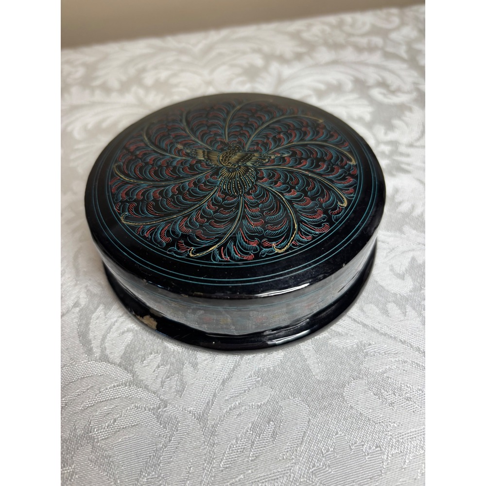 Vintage Black Lacquerware Trinket Box Etched Peacock Floral Round Jewelry Dish